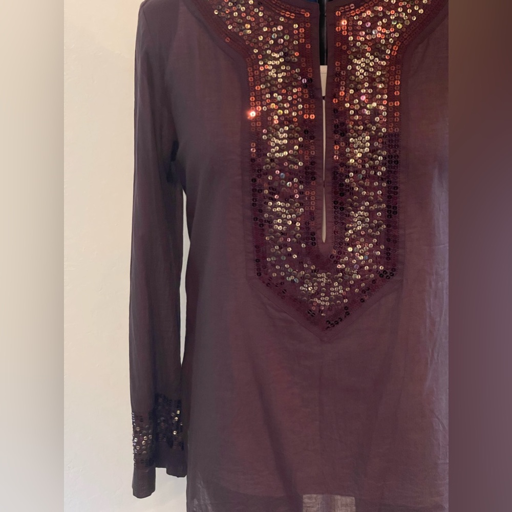 Cotton Dark Brown Poncho w/ Copper and Gold Sequin Neck and Sleeve Cuffs: Sz 1 - Picture 2 of 11